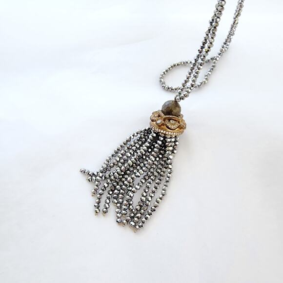 Bohemian neckline long tassel beaded Labradorite crystal gray silver coastal - Picture 4 of 7